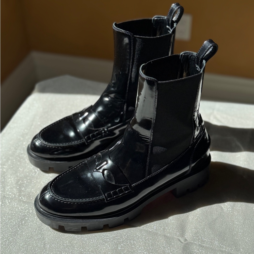 Christian Louboutin Black Montezu Lug Patent Leather Chelsea Boots